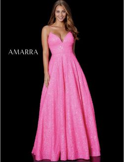 Style 87311 Amarra Hot Pink Size 8 Floor Length Spaghetti Strap Ball gown on Queenly