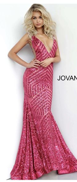 Style 59762A Jovani Hot Pink Size 2 Floor Length Jewelled Straight Dress on Queenly