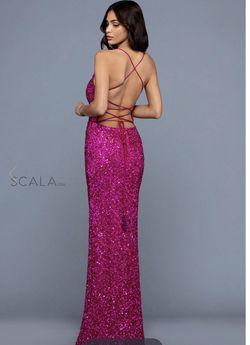 Style 6010 Scala Hot Pink Size 4 Magenta Spaghetti Strap Straight Dress on Queenly