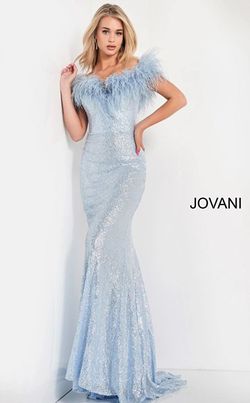 Style 06166A Jovani Light Blue Size 2 Feather Straight Dress on Queenly