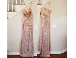 Style Rose Gold Sleeveless Sequin Ruched Side Slit Formal Gown Amelia Couture Pink Size 12 Spaghetti Strap Black Tie Straight Side slit Dress on Queenly