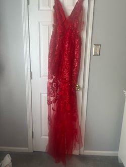 Jovani Red Size 2 Winter Formal Embroidery V Neck Side slit Dress on Queenly