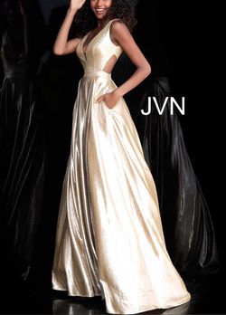 Jovani Gold Size 4 Floor Length V Neck Cut Out A-line Dress on Queenly