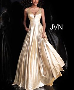 Jovani Gold Size 4 Floor Length V Neck Cut Out A-line Dress on Queenly