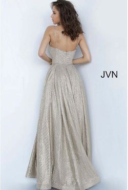 Jovani Gold Size 4 Pageant Spaghetti Strap Plunge Pattern Ball gown on Queenly