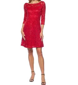 Marina Long Sleeve Sequin Lace Dress Red Size 14 Sequin Polyester Jewelled Lace Midi Cocktail Dress on Queenly