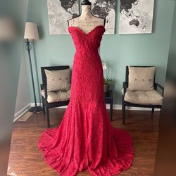 Jovani Red Size 24 Lace Floor Length Plus Size Fitted Mermaid Dress on Queenly