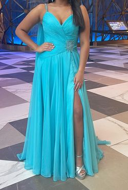 Sherri Hill Blue Size 4 Turquoise Black Tie Floor Length Side slit Dress on Queenly