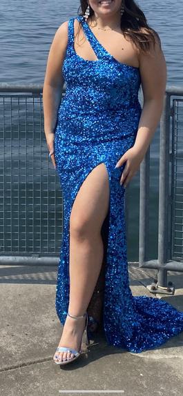 Sherri Hill Blue Size 12 Floor Length Side slit Dress on Queenly