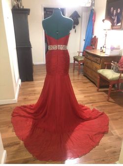 Jovani Couture Red Size 6 Belt Black Tie Side slit Dress on Queenly