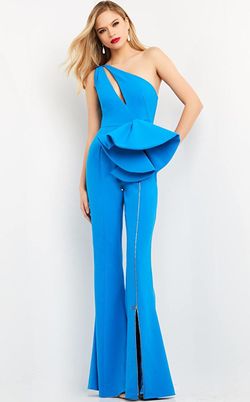 Jovani Blue Size 2 One Shoulder Ruffles Cut Out Jumpsuit Dress on Queenly