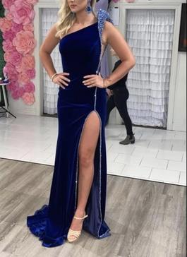 Jovani Blue Size 4 Side Slit Jewelled Straight Dress on Queenly
