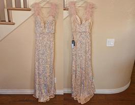 Style Blush Sweetheart Neckline Feather & Sequined Gown Cinderella Divine Pink Size 6 Sweetheart Black Tie Feather Side slit Dress on Queenly