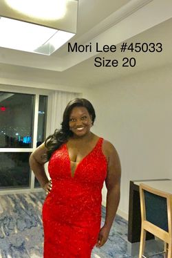 MoriLee Red Size 20 Sheer Lace Floor Length Plus Size Straight Dress on Queenly