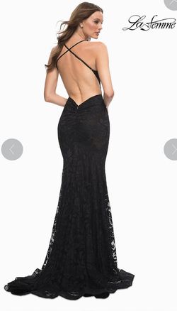 La Femme Black Size 2 Lace Floor Length Prom Train Dress on Queenly