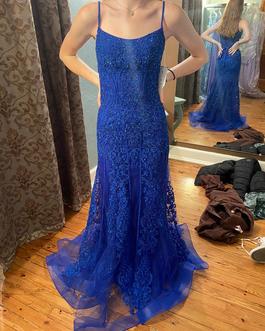Jovani Blue Size 0 Prom Lace Train Dress on Queenly