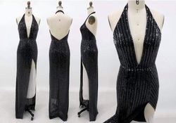 Jovani Black Size 4 Sequined High Neck Winter Formal Side slit Dress on Queenly