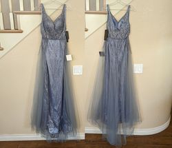 Style Smoky Blue Glitter Illusion A-line Tulle Train Formal Gown Cinderella Divine Blue Size 2 Backless Polyester Sheer Train Dress on Queenly