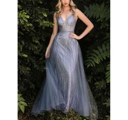 Style Smoky Blue Glitter Illusion A-line Tulle Train Formal Gown Cinderella Divine Blue Size 2 Backless Polyester Sheer Train Dress on Queenly