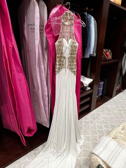 Mac Duggal White Size 4 High Neck Halter Pageant Jewelled Side slit Dress on Queenly