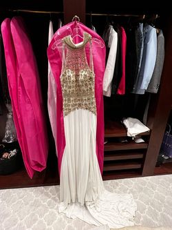 Mac Duggal White Size 4 Sequin Prom Free Shipping Jewelled Side slit Dress on Queenly