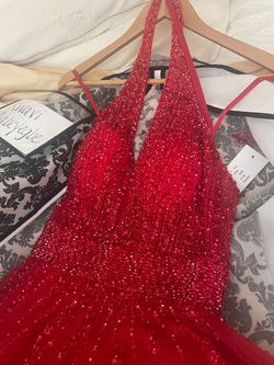 Jovani Red Size 0 Sequined Pageant Floor Length Halter Ball gown on Queenly