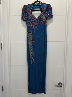Alyce Designs Multicolor Size 4 Backless Teal Vintage Side slit Dress on Queenly