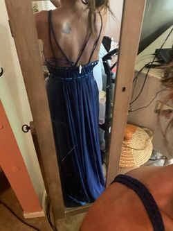 Bari Jay Blue Size 2 Spaghetti Strap Plunge Overskirt Prom Straight Dress on Queenly