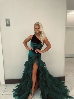 Rachel Allan Green Size 6 Emerald Velvet Floor Length Side slit Dress on Queenly