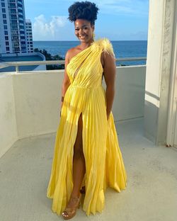 Tarik Ediz Yellow Size 14 Plus Size Feather Pageant Ball gown on Queenly