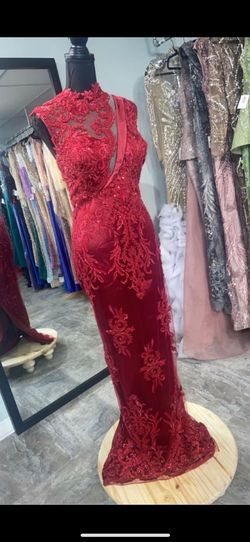 Desired Closet Red Size 12 Floor Length Lace Sheer A-line Dress on Queenly