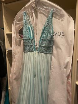 Jovani Light Blue Size 0 Pageant Plunge Sheer Prom Train Dress on Queenly