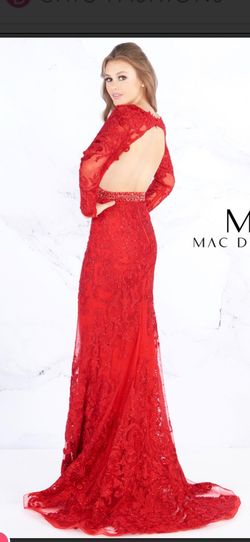 Mac Duggal Red Size 6 Plunge Train Lace Mermaid Dress on Queenly
