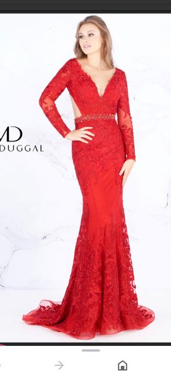 Mac Duggal Red Size 6 Long Sleeve Plunge Mermaid Dress on Queenly