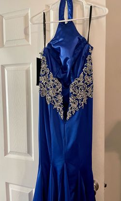 Rachel Allan Blue Size 6 Beaded Top Train Jersey Silk Mermaid Dress on Queenly