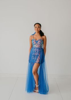 Style CP2118 Coya Blue Size 8 Jewelled Tall Height Sequin Cocktail Dress on Queenly