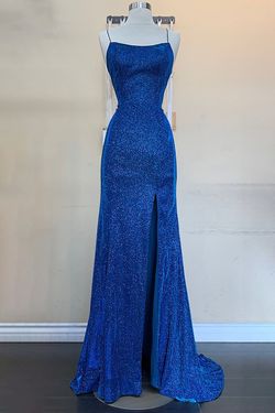 Style Aubrey Amelia Couture Blue Size 10 Straight Shiny Pageant Side slit Dress on Queenly