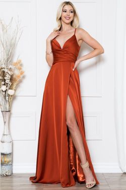 Style BZ012 Amelia Couture Orange Size 12 Tall Height Silk Spaghetti Strap Side slit Dress on Queenly