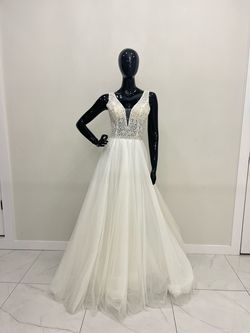Demetrios White Size 10 Train Jewelled Floor Length Beaded Top Embroidery A-line Dress on Queenly