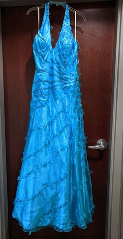 Style 75204K Cassandra Stone II by Mac Duggal Blue Size 14 Halter Tall Height A-line Dress on Queenly