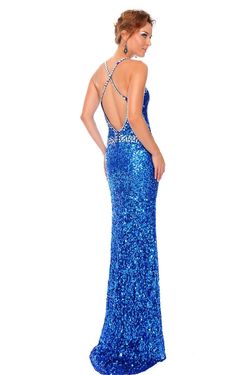 Style P9092 Precious Formals Blue Size 4 Jewelled Sequined Floor Length Side slit Dress on Queenly