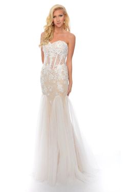 Style C70178 Precious Formals Nude Size 8 Floor Length Lace Strapless Mermaid Dress on Queenly