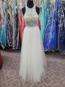 Style P23002 Precious Formals White Size 4 Floor Length Sequin Cotillion Wedding Prom Ball gown on Queenly
