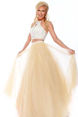 Style P10588 Precious Formals Nude Size 8 Spaghetti Strap Beaded Top Two Piece Tall Height Ball gown on Queenly