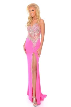 Style P81005 Precious Formals Hot Pink Size 4 Prom Jewelled Side slit Dress on Queenly