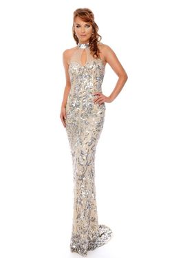 Style P9202 Precious Formals Nude Size 8 Pageant High Neck Prom Floor Length Sequin Straight Dress on Queenly