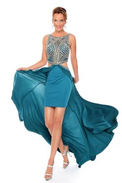 Style L53003 Precious Formals Blue Size 4 Beaded Top Teal Euphoria Sheer Cocktail Dress on Queenly