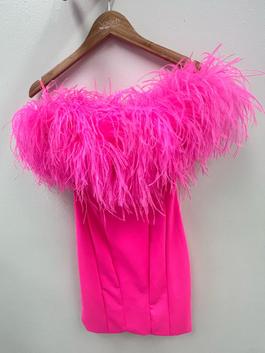 Ashley Lauren Pink Size 2 Midi Feather Homecoming Interview Cocktail Dress on Queenly
