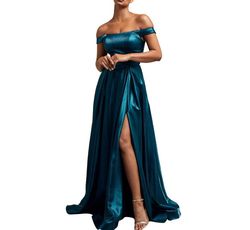Style Teal Blue Satin Off the shoulder Ball Gown Bicici & Coty Blue Size 2 Wedding Guest Polyester A-line Dress on Queenly