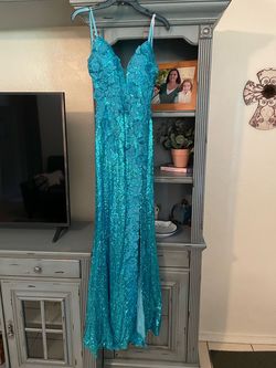 Jovani Blue Size 0 Plunge Teal Side slit Dress on Queenly